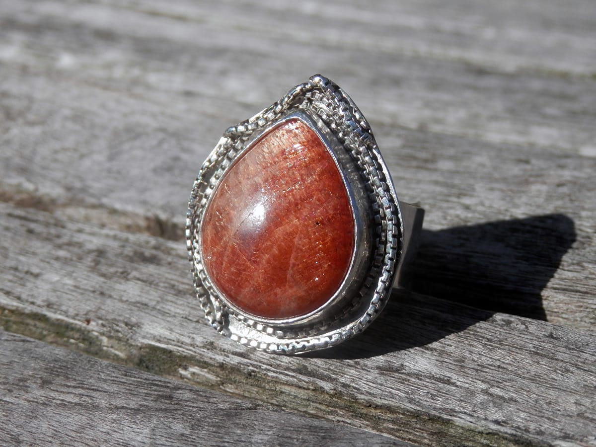 Grosse Bague Pierre de Soleil Véritable Argent massif 925, Ajustable
