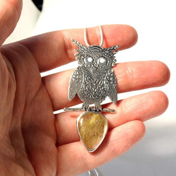 Collier Hibou argent massif 925 et Quartz Rutile