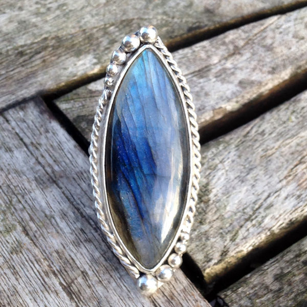 Grosse bague Labradorite bleue Argent massif pierre naturelle Ajustable Vanessa Indigual Creatrice bijoux a Toulouse