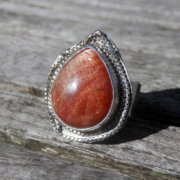 Grosse Bague Pierre de Soleil Véritable Argent massif 925, Ajustable