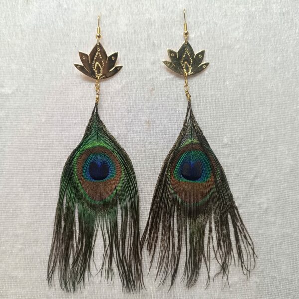 Boucles d’Oreilles Plume de Paon & et Pampilles Laiton Doré