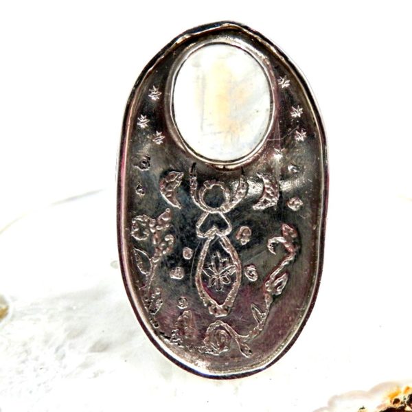 Bague plateau, Déesse et labradorite blanche, Argent, Ajustable