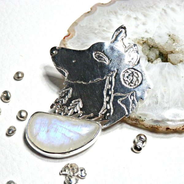 Pendentif Loup Labradorite blanches Argent massif
