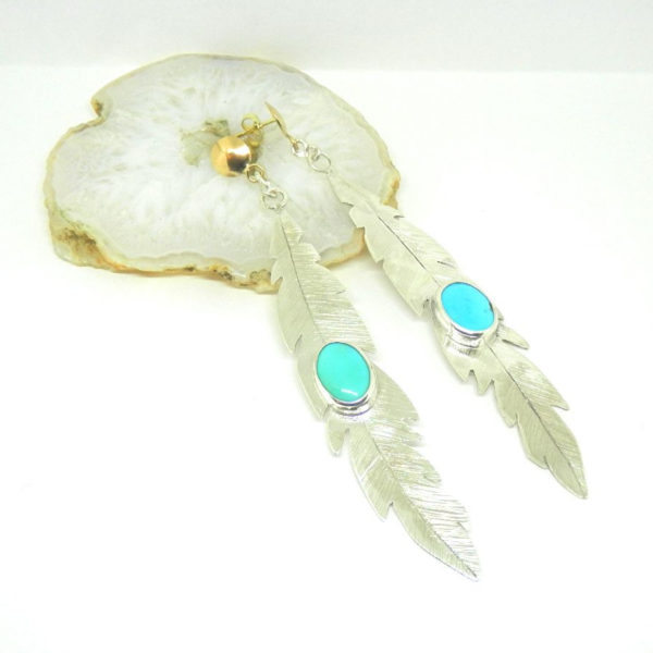 Longues Boucles d'oreilles plumes Argent massif, Or 18k et turquoises naturelles