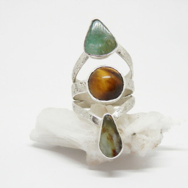 Bague triple pierres en Argent massif, opale bleue des Andes et Oeil de Tigre
