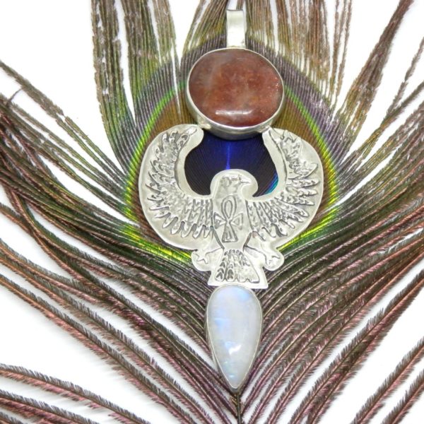 Talisman Aigle Argent Pierre de soleil et Labradorite blanche