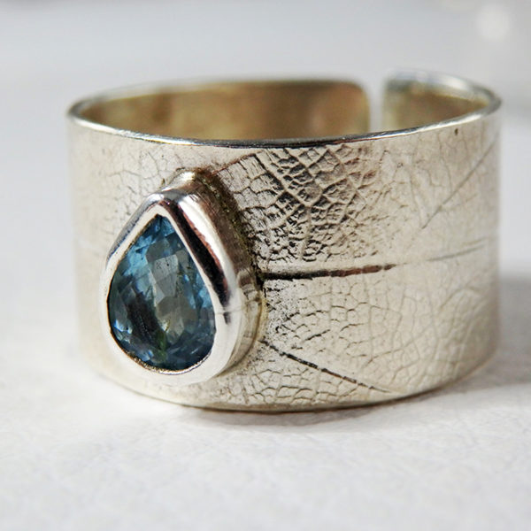 Bague bandeau Aigue Marine facettée, Argent massif, ajustable