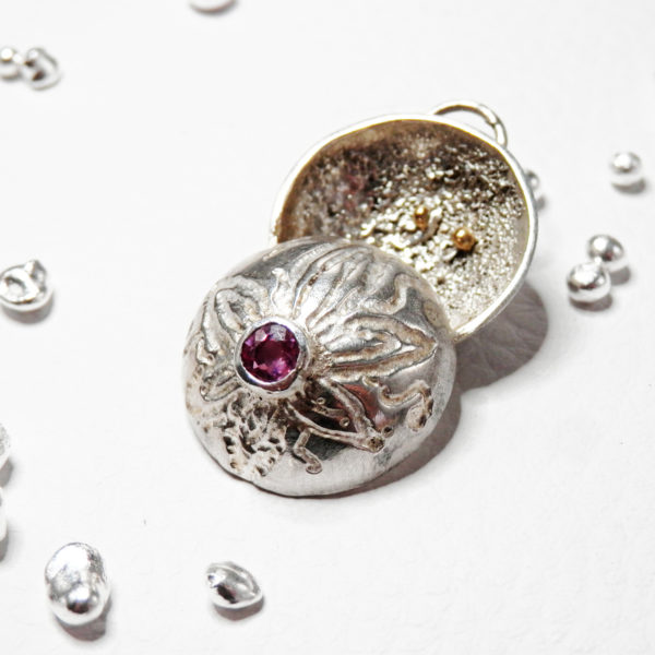 Pendentif sphère lotus Tourmaline rose Or 18 carats et Argent massif